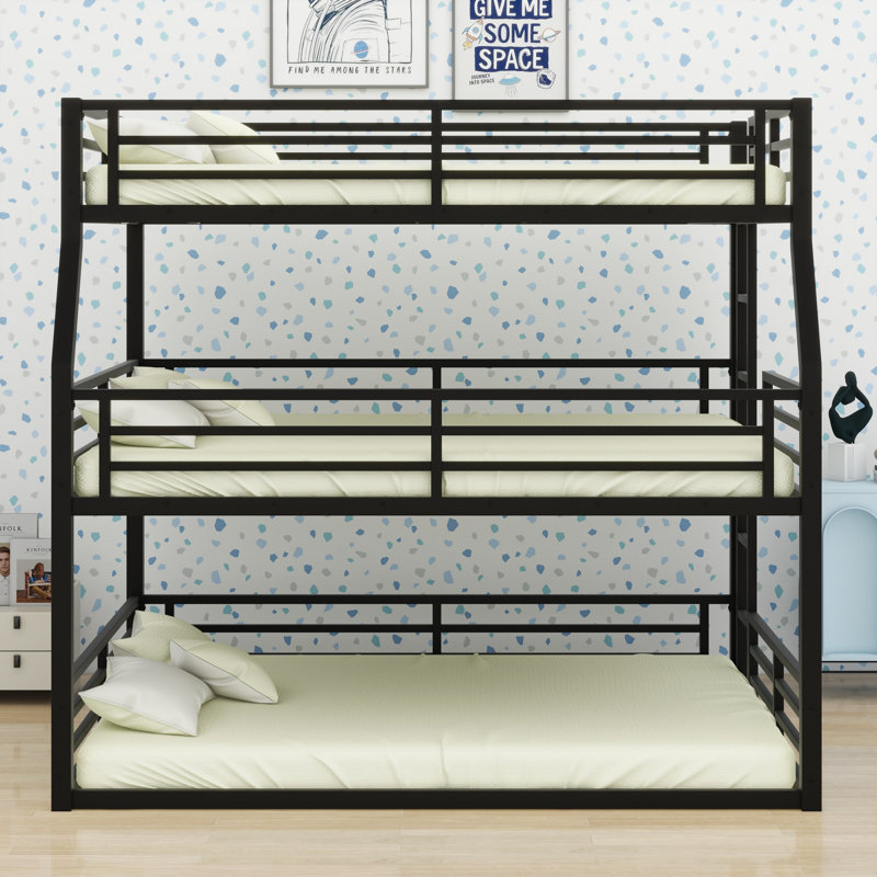 Metal Triple Bunk Bed With Guardrails, Full/Full XL Over Queen Over Queen, Black