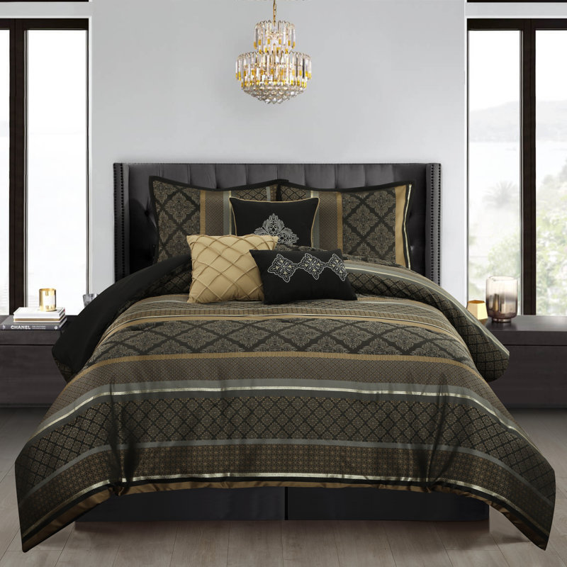 Tefia Karr Microfiber 7 Piece Comforter Set, Black/Gold, King Comforter + 6 Additional Pieces