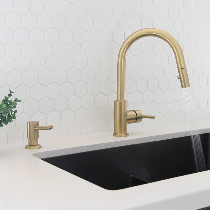 Signature Single Handle Kitchen Faucet with Soap Dispenser, Brushed Gold