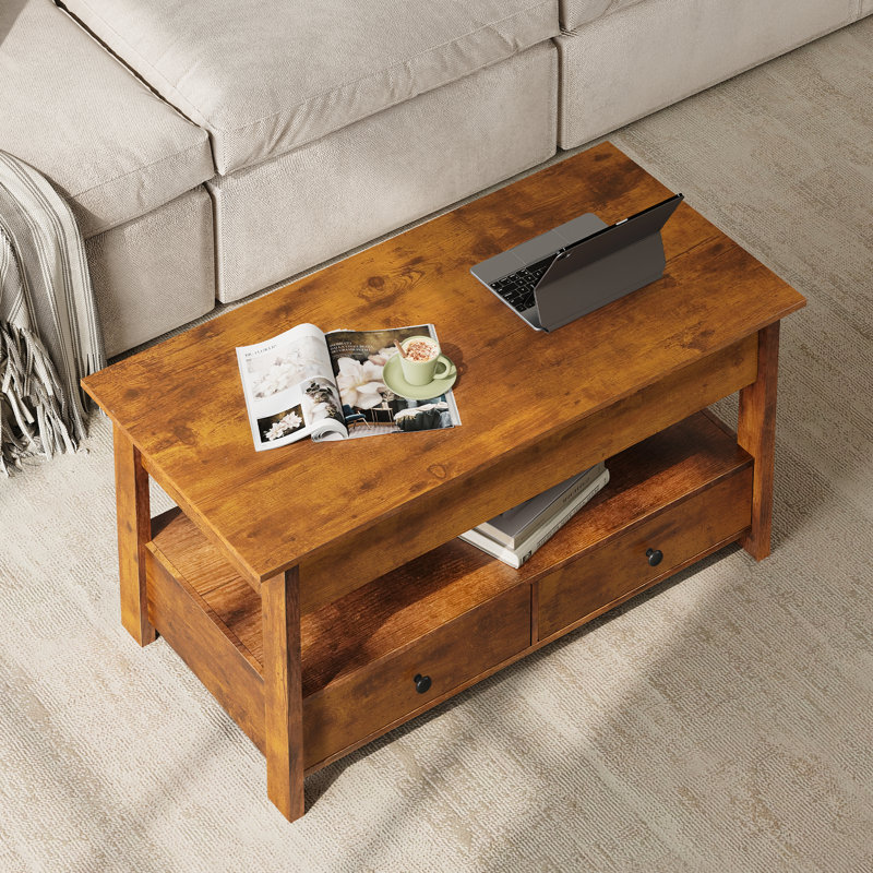 Eoghan Lift Top Coffee Table with Storage, LED Square Coffee Table with Drawers & Hidden Compartment, Modern Coffee Table for Living Room with Adjustable Height