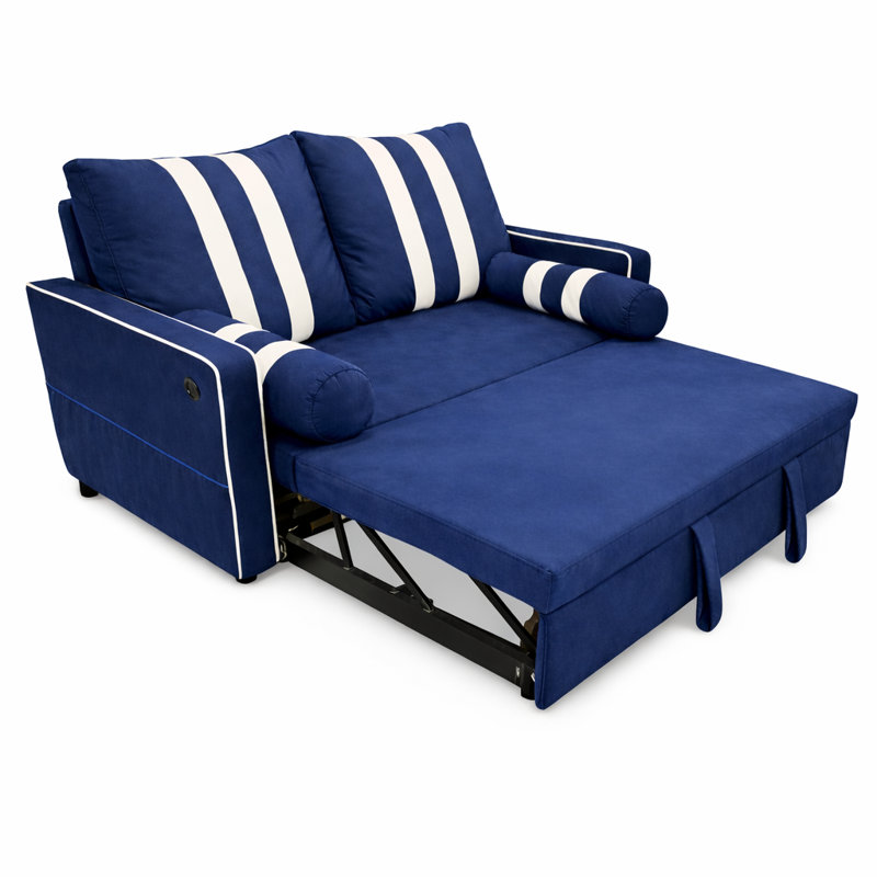 Modern 2-Seater Convertible Pull-Out Sofa Bed With USB Charging Port & Adjustable Backrest, Blue