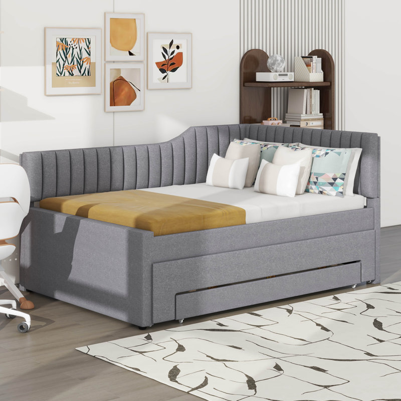 Upholstered Bed With Trundle And Drawers, Gray, Full / Double
