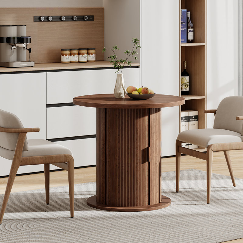 Round Dining Table, Kitchen Table With Wood Strip Base For Kitchen Living Room, Walnut