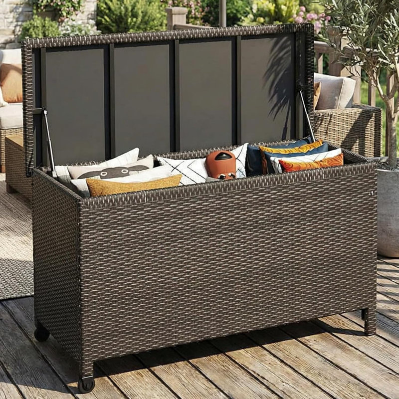 Medium Outdoor Wicker Storage Box, PE Rattan Patio Storage Chest with Steel Frame, Compact Deck Storage Box for Cushions, Toys & Outdoor Essentials – Brown
