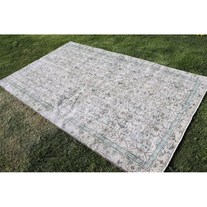 Grand tapis turc Oushak rétro vert: mobilier en laine idéal pour les planchers de salle à manger
