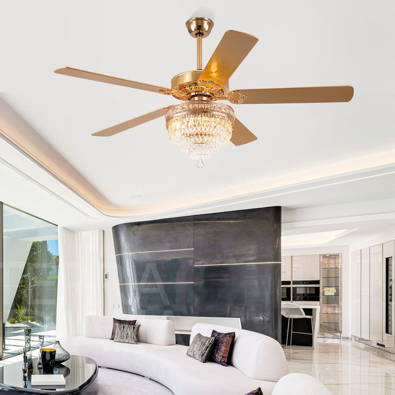 52"/62" Crystal Ceiling Fan Fandelier With Lights, Gold, 62"