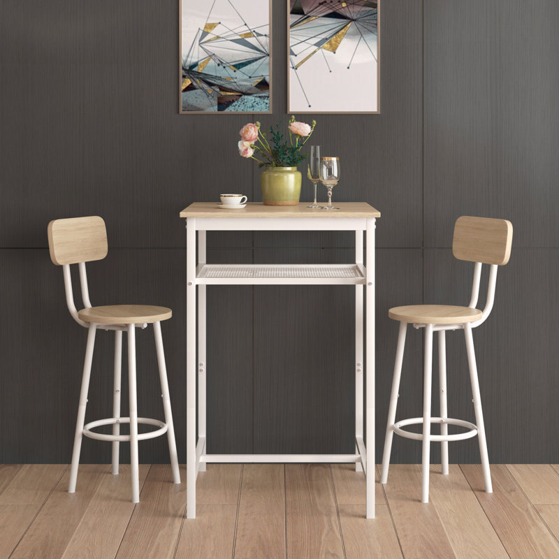 Table avec 2 tabourets de bar, Blanc, Chêne / Blanc, Chêne