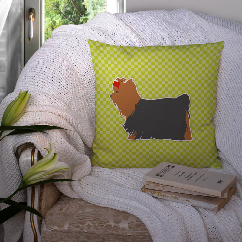 Coussin intérieur / extérieur Yorkshire Terrier, H 14 po x l 14 po x P 3 po, Noir / Vert