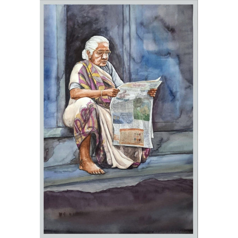 Vieille dame lisant un journal | Peinture de Noharika Deogade