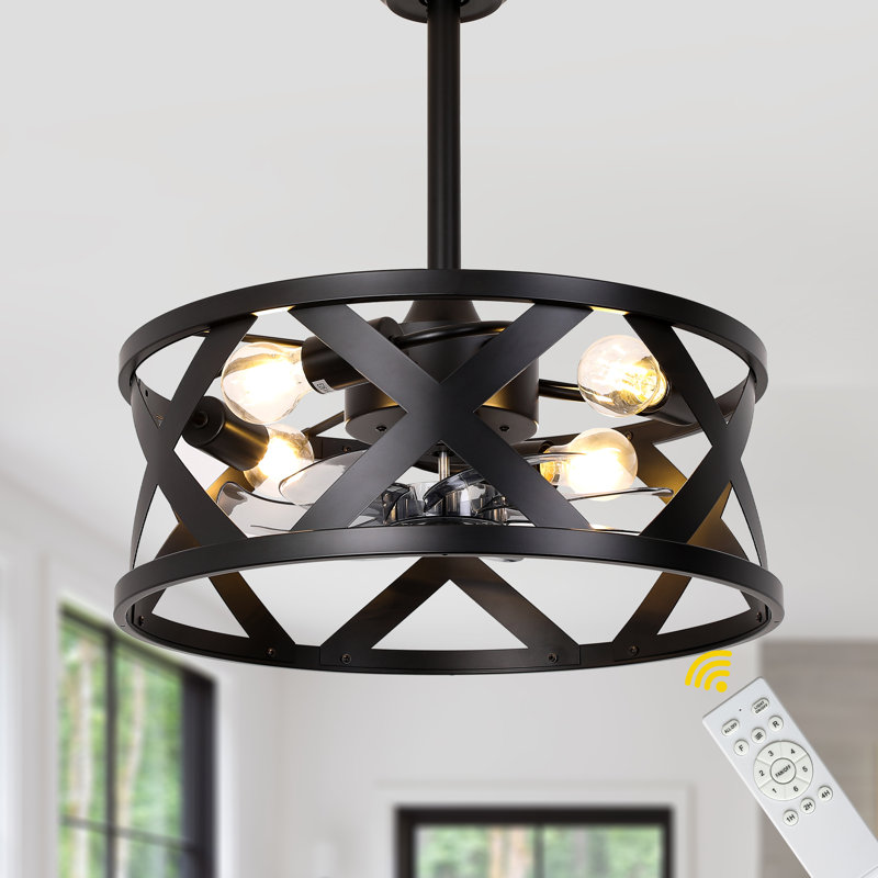 20 Inch Black Industrial Caged Ceiling Fan with Lights and Remote, 6 Speeds DC Motor Fandelier Ceiling Fan Bedroom Ceiling Fans