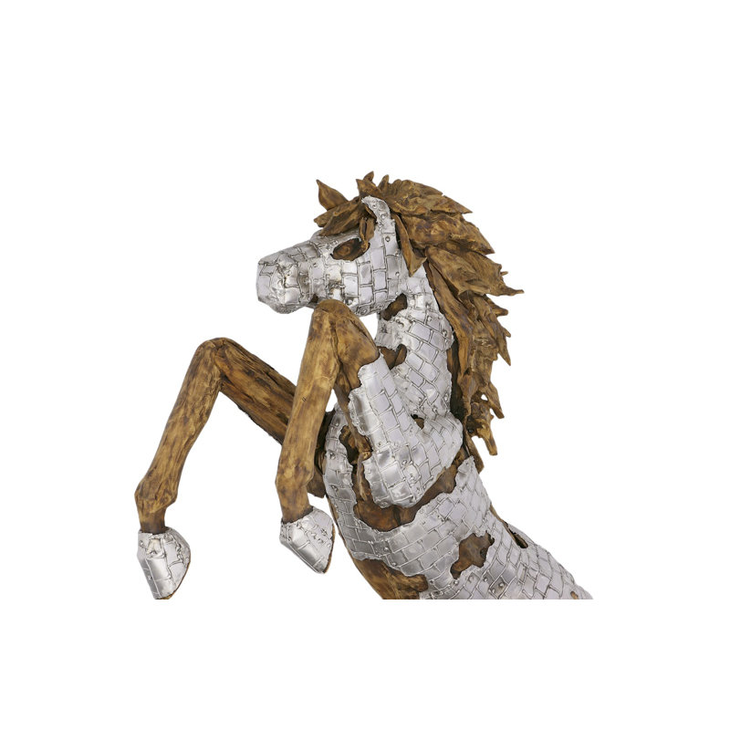 Mustang Horse Armored Sculpture, Rearing, Wood Base