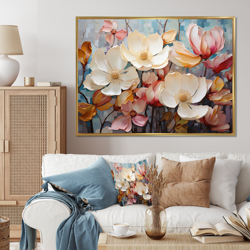 " White Pink Magnolias Magnolia Symphony II ", Cadre flottant doré, H 34 po x l 44 po x P 1,5 po