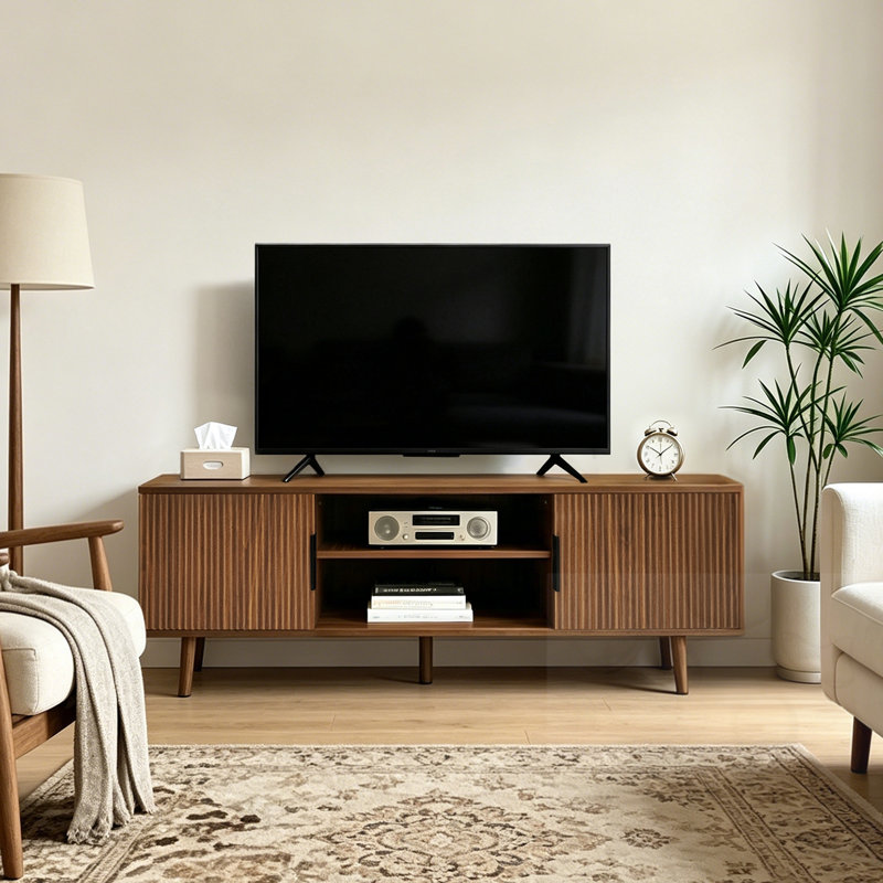 Meuble télé cannelé avec tablettes ouvertes
