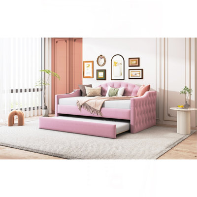 Twin Size Tufted Upholstered Daybed With Trundle ,Velvet Sofabed With USB&Type-C Charging Ports,No Box-Spring Needed, Pink
