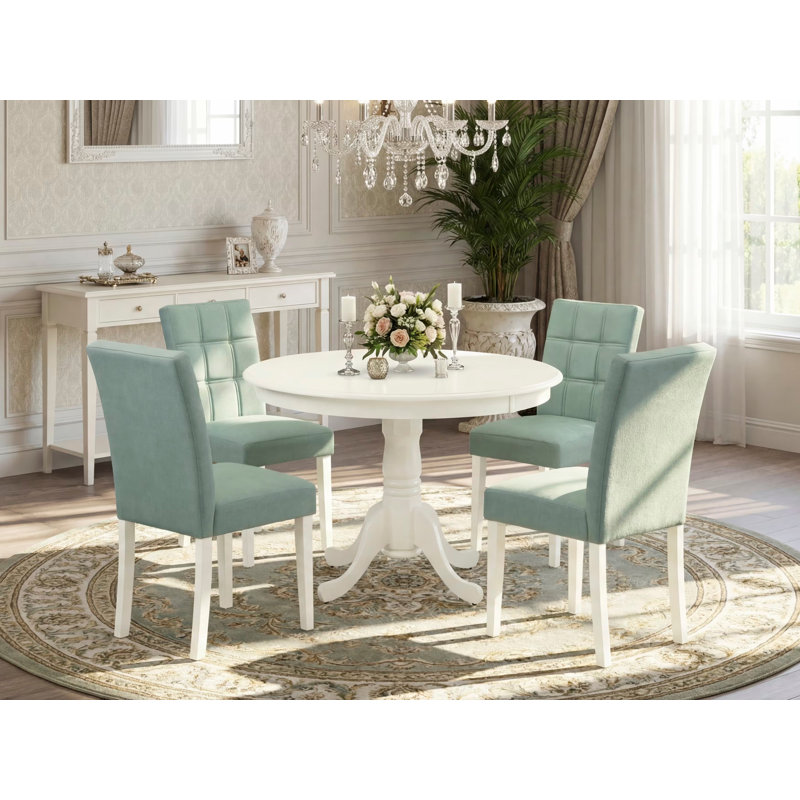 5 Piece Dining Room Table Set contain A Modern Kitchen Table and Willow Green Polyester Fabric 4 Modern Chairs, Linen White