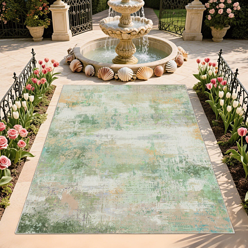 8x10 Low Pile Carpet, Washable Low Pile Area Rugs for Living Room, Green Modern Abstract Rugs for Bedroom Dining Room Table Home Decor Use, Large Tumble Rug for High Traffic Area, Non Slip