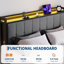 Très grand lit escamotable avec lumières DEL, cadre de lit tapissier en velours avec tête de lit et station de charge, lit plateforme en métal, aucun sommier requis, lattes en bois massif, gris-940276085-940276089