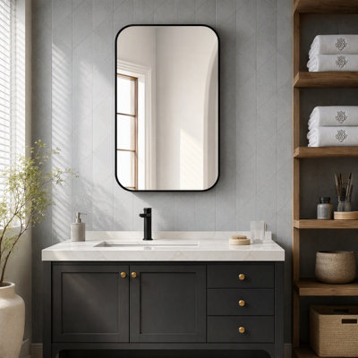 Black Metal Framed Rectangular Bathrrom Mirror for Wall