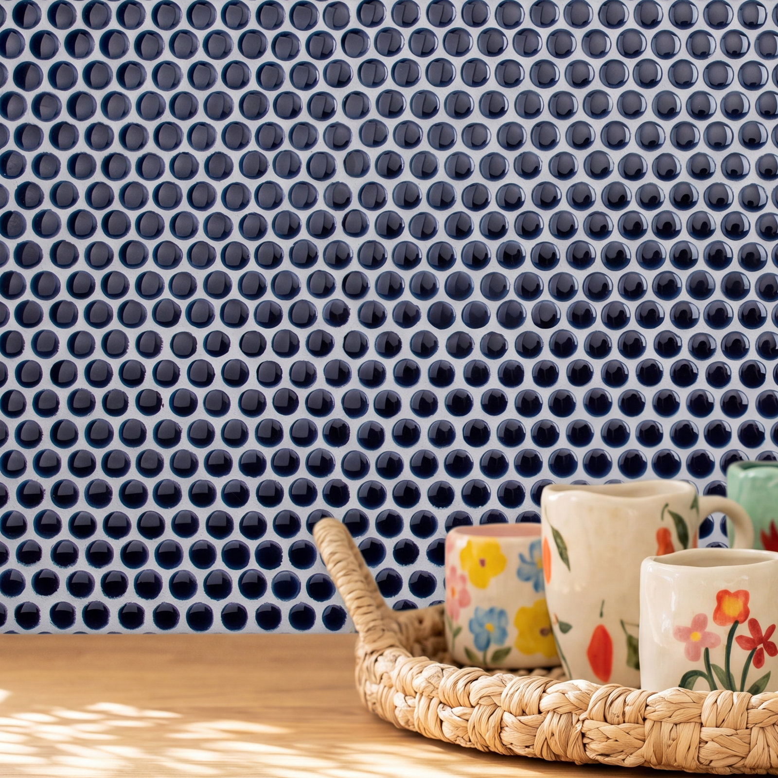 Hudson Penny Round Porcelain Mosaic Tile, Smoky Blue