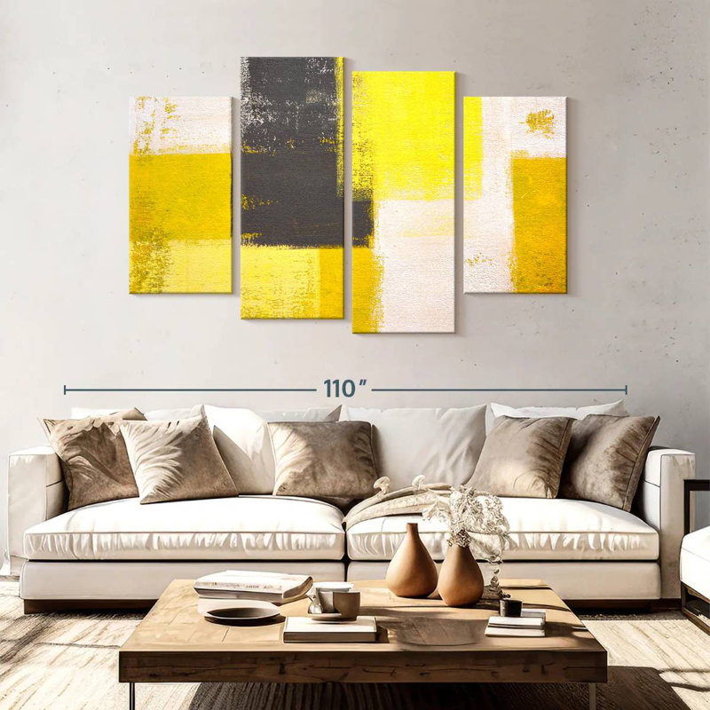 Avery jaune et gris abstrait, H 54 po x l 84 po