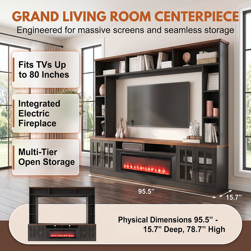 Meuble télé moderne de 243 cm de large avec foyer électrique et étagères de salon, Noir