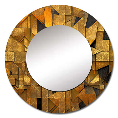Gold Black Fractal Tide VI - Fractals Decorative Wall Mirror, Gold Large Round Mirror, Printed Metal Art