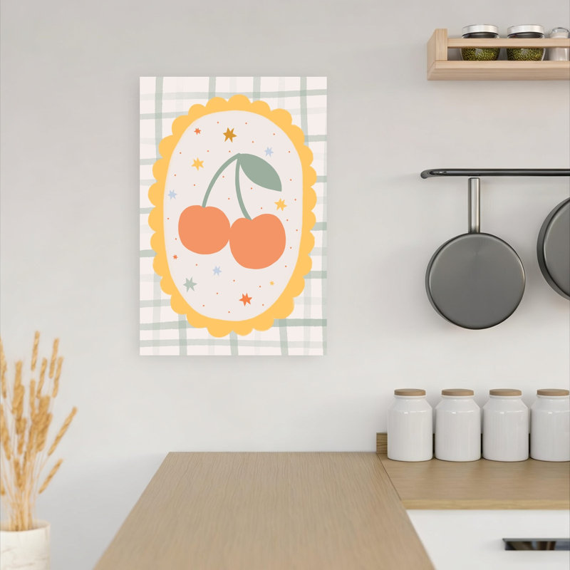 Sweet Plaid Cherries Modern Playful Whimsical Cherry Fruit Summer Wall Art Print 1 Piece Wrapped Canvas Wall Art