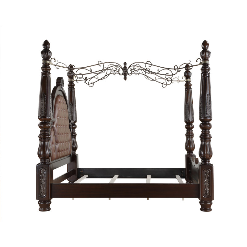 Palazzo Marina Walnut Queen Canopy Bed with Tufted Faux Leather Headboard
