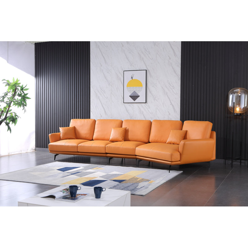 Putnam Upholstered Curved Sectional, Right Hand Facing, Orange Genuine Leather