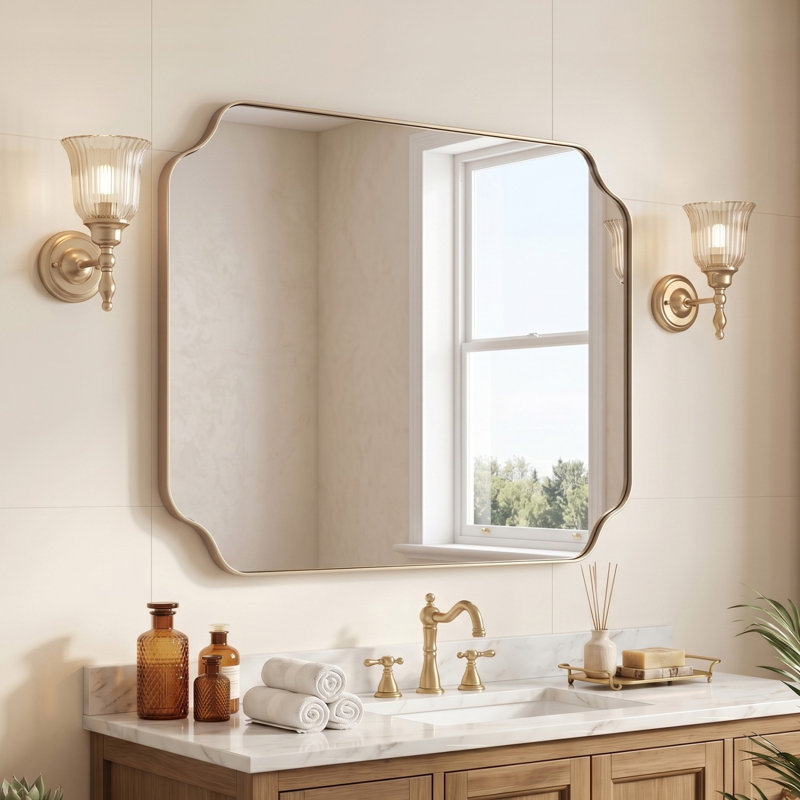 Modern Scalloped Corner Rectangle Bathroom Vanity Mirror | Stainless Steel Frame, 40" x 30", Champagne Bronze