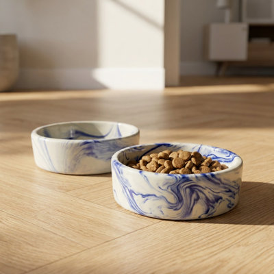 2-Piece Modern Marbled Blue and White Ceramic Pet Food and Water Bowl Set (5.5'' Dia x 2.0'' H)