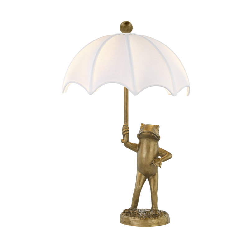 23" Gold Resin Frog Table Lamp With Linen Umbrella Shade, White, Gold