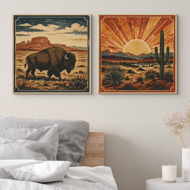 Southwest Desert Buffalo and Sun Landscape, 16" H x 16" W x 1.5" D, Wrapped Canvas