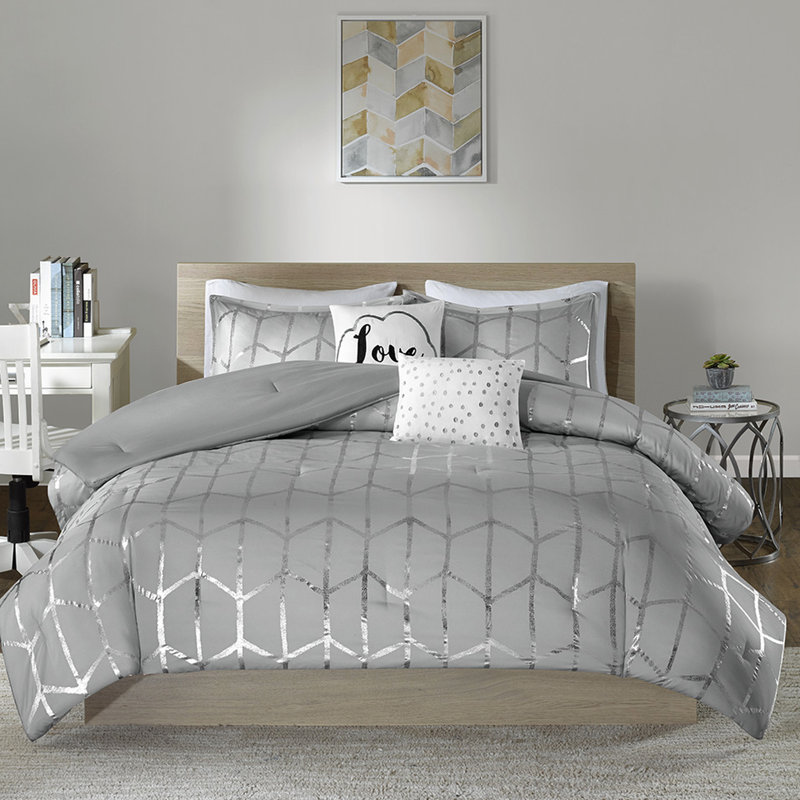 Twin/Twin Xl Comforter With Grey And Metallic Printed Fabulous Embroidered Pillow Bedding, Gray+Silver