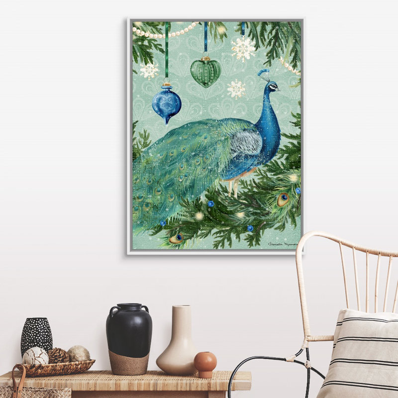 «Holiday Peacock» par Danielle Murray - peinture sur toile tendue, H 33,25 po x l 25,25 po, Cadre blanc