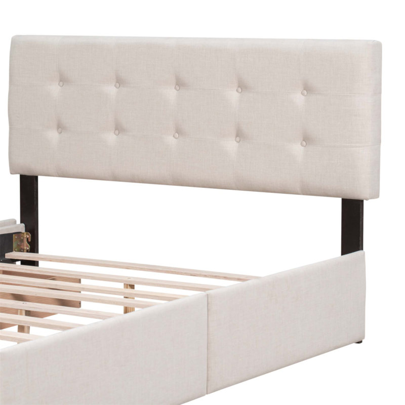 Lit plateforme tapissier avec tête de lit classique, 4 tiroirs, sans sommier, tissu en lin et structure en bois robuste