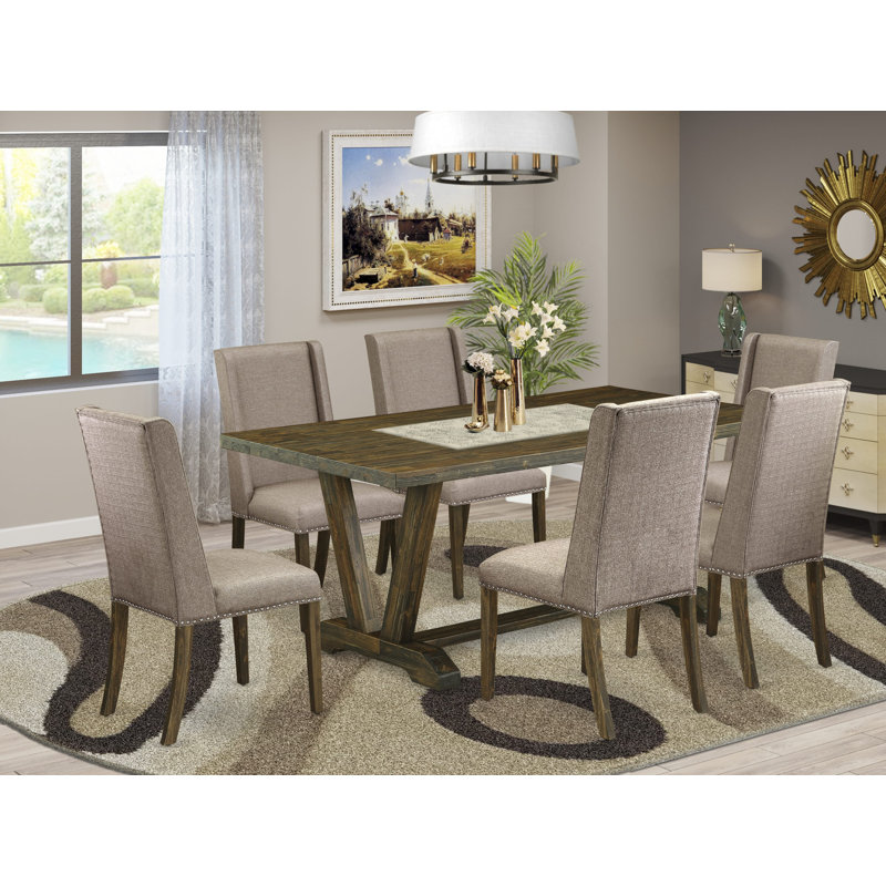 7-Pc set with a fantastic Distressed Jacobean Kitchen table top and 6 Dark Khaki parson chairs with Nail heads and a High Stylish Chair Back, Distressed Jacobean Finish