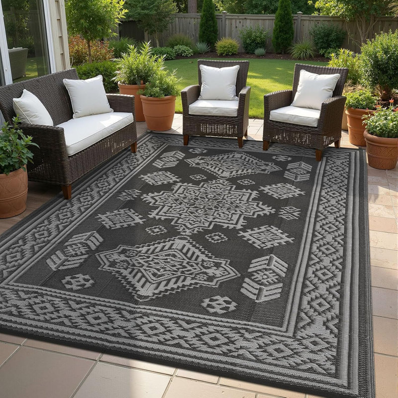 9x18 Ft Reversible Outdoor Plastic Straw Doormat, Waterproof Collapsible Vintage Area Rug For Patio Garden Deck Camping Picnic Porch Balcony, Black/Gray