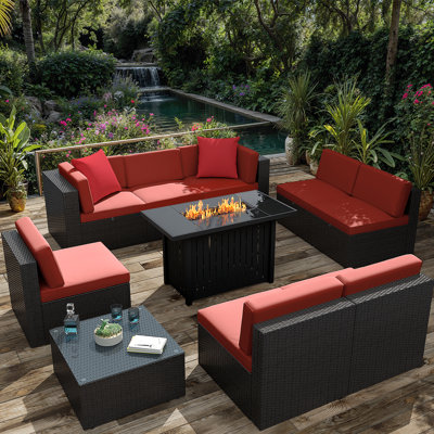 10 Pieces Rattan Patio Furniture Conversation Set with 43" Gas Propane 50000 BTU Fire Pit Table Outdoor Sectional Sofa for Backyard
