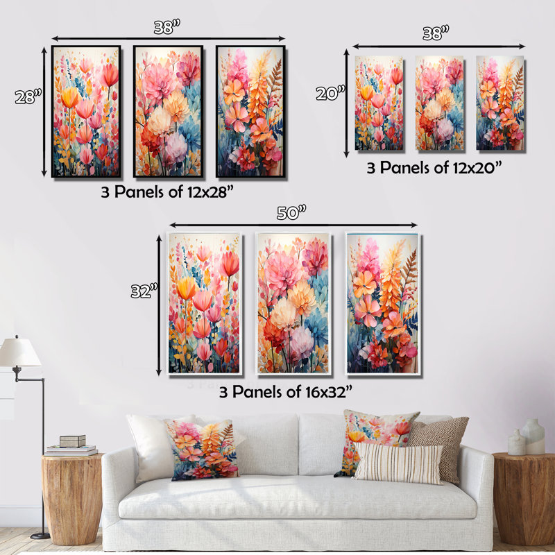 «Multicolored Ferns Collage I», 3 pièces sur toile, Encadrement doré, H 28 po x l 36 po