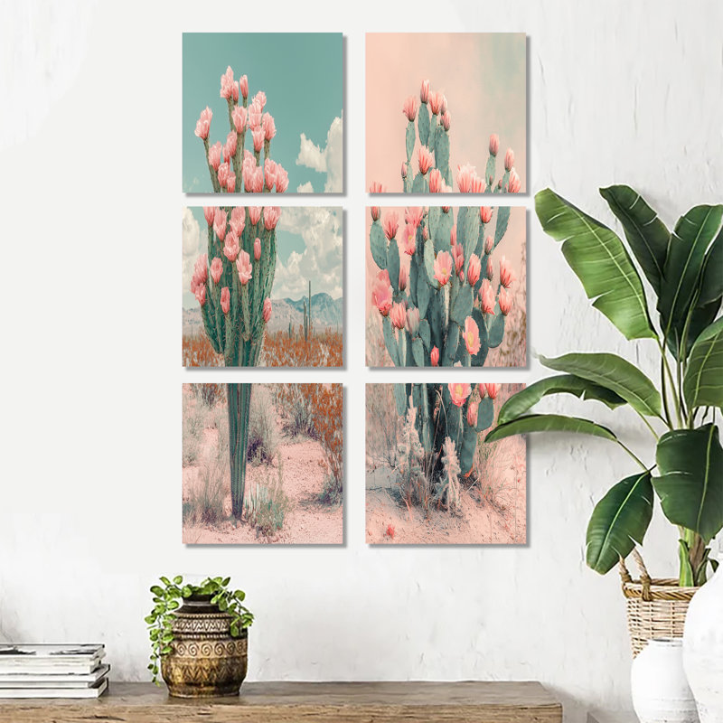 Cactus pastel «Bloom In The Desert» - ensemble de 6 reproductions d'art mural floral, Toile tendue, Ne s’applique pas