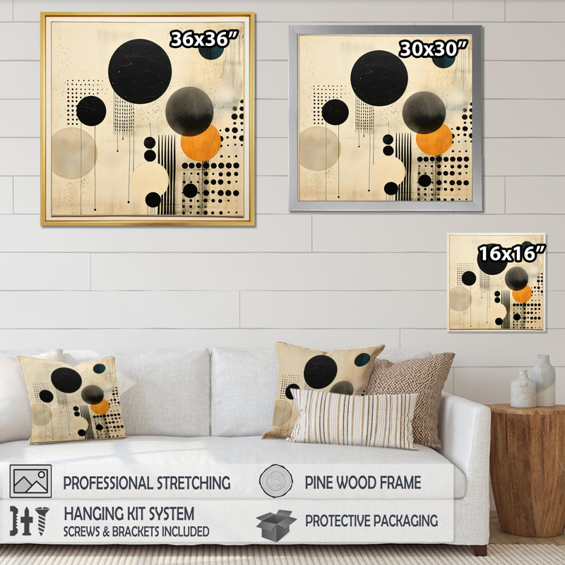 Impression sur toile grise et jaune Mid Century Minimalist Oasis - Collages abstraits, H 36 po x l 36 po x P 1,5 po