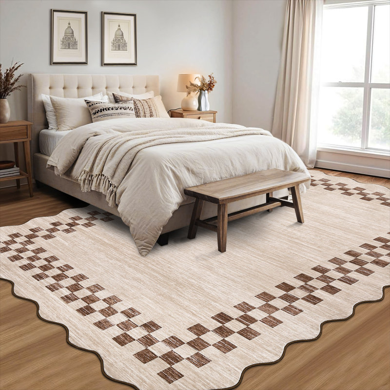 Scalloped Area Rugs Modern Bordered Accent Carpet,Non-Slip Floor Cover,Stain-Resistant Indoor Mat for Bedroom,Kitchen,Living Room