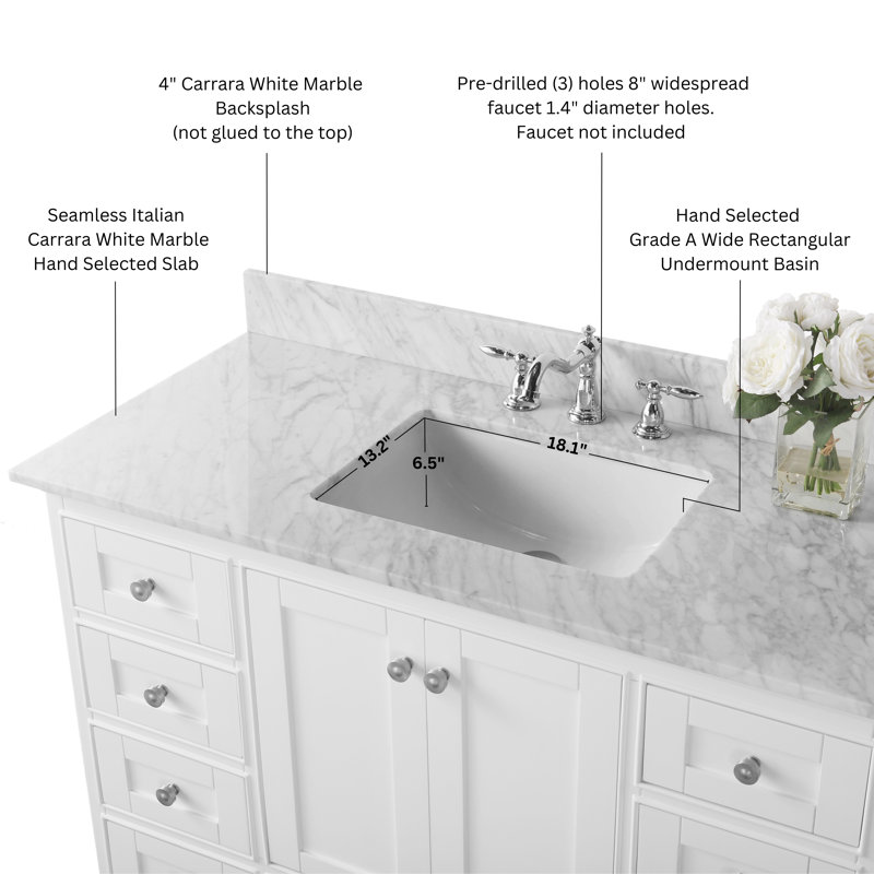 Audrey 48'' W Single Vanity, White/Brushed Nickel, Carrara White Marble