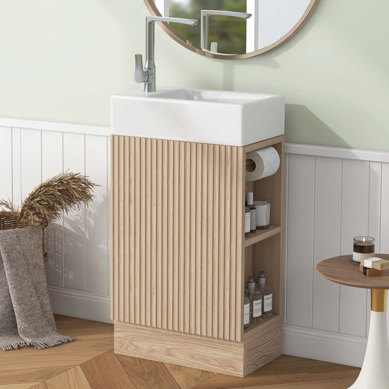 Meuble-lavabo polyvalent avec lavabo et plusieurs options de rangement pour les salles de bain modernes, Naturel