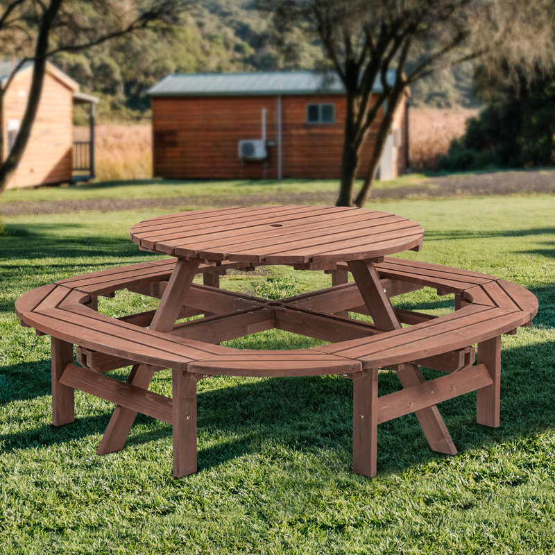 10-12 Seater Round Wooden Picnic Table - Diy Outdoor Table With Built-in Ring Stool, 500-lb Weight Capacity For Patio Garden Backyard