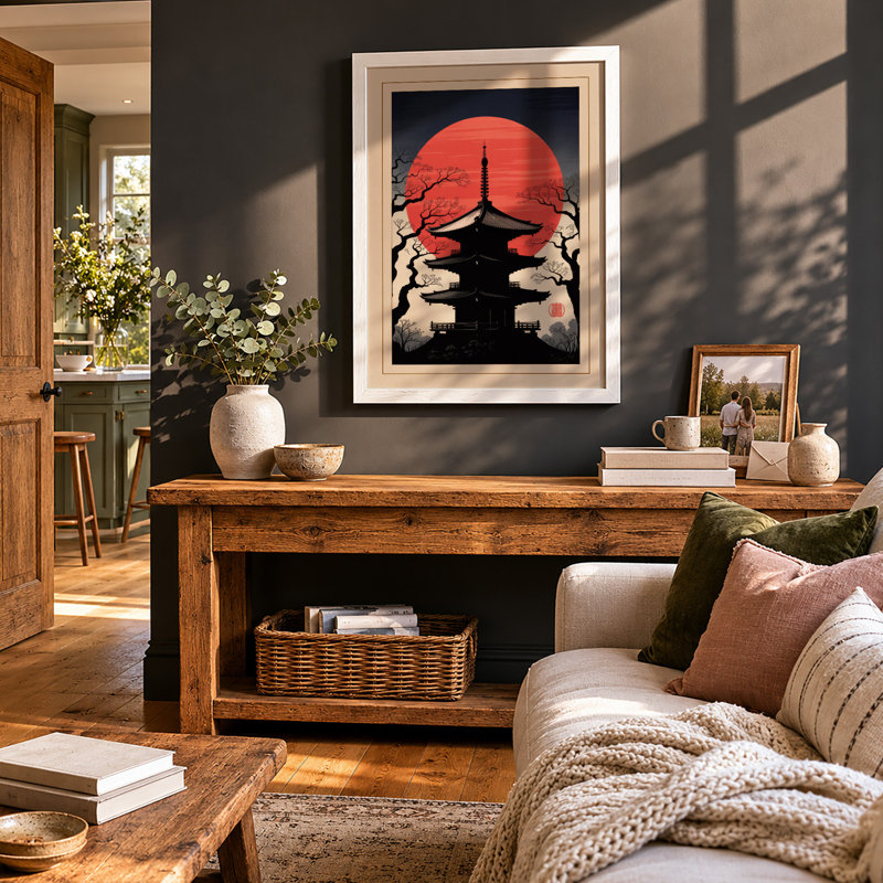 Pagoda at Sunset Japandi - Framed Print, A3 - 42.0 x 29.7 cm, White