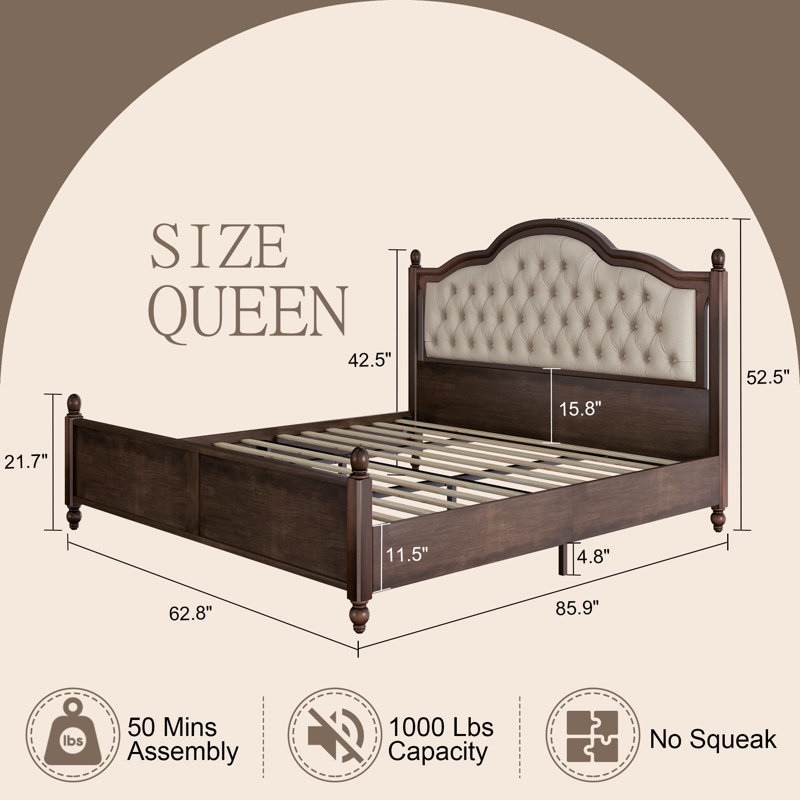 Walnut Queen Bed Frame with Upholstered Headboard and Wood Slat Support