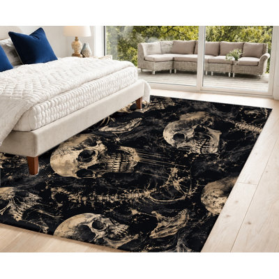 Tapis de style gothique crâne, imprimé métallique squelette doré noir foncé, artistique luxueux, lavable à la machine, envers antidérapant, tapis d'intérieur de qualité supérieure pour le salon, la chambre à coucher, le vestibule, un appartement, un dortoir