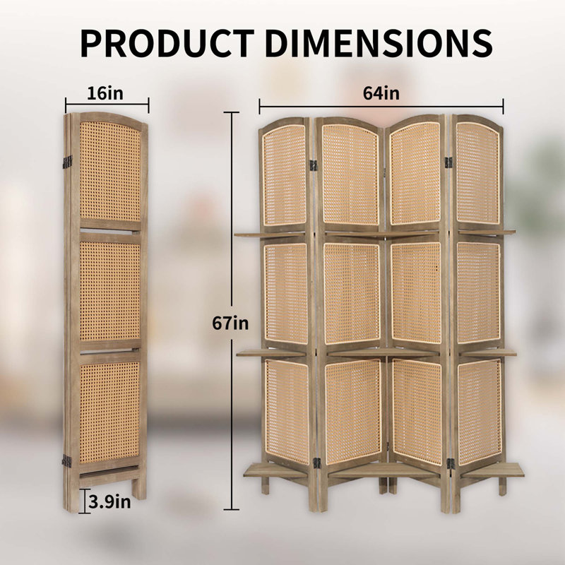 Paravent pliant en rotin à 4 panneaux pour mur de séparation d'intimité avec tablettes
